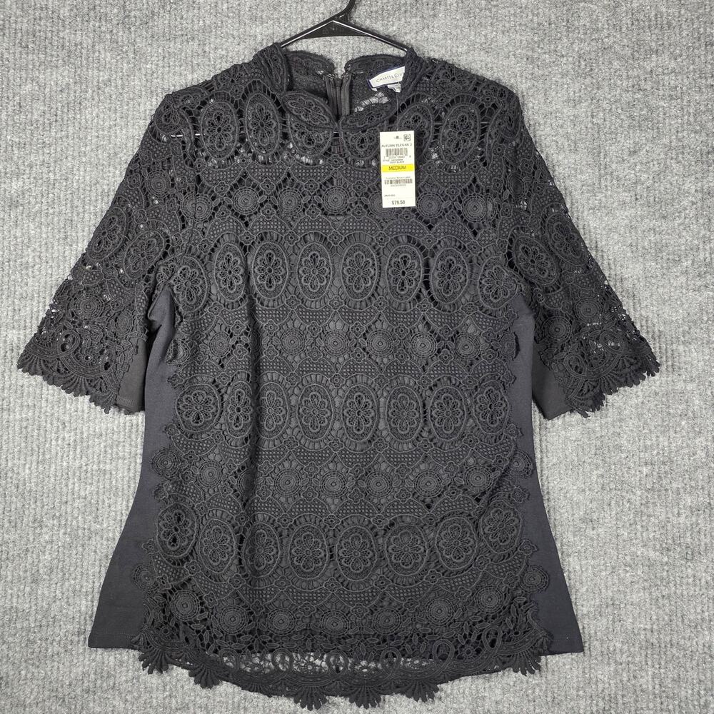 Charter Club Lace Blouse Top Black Mock Neck Short Sleeve NWT Women Medium‎